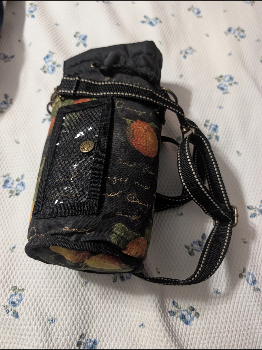 Peach Print Black Bottle Crossbody with Striped Strap